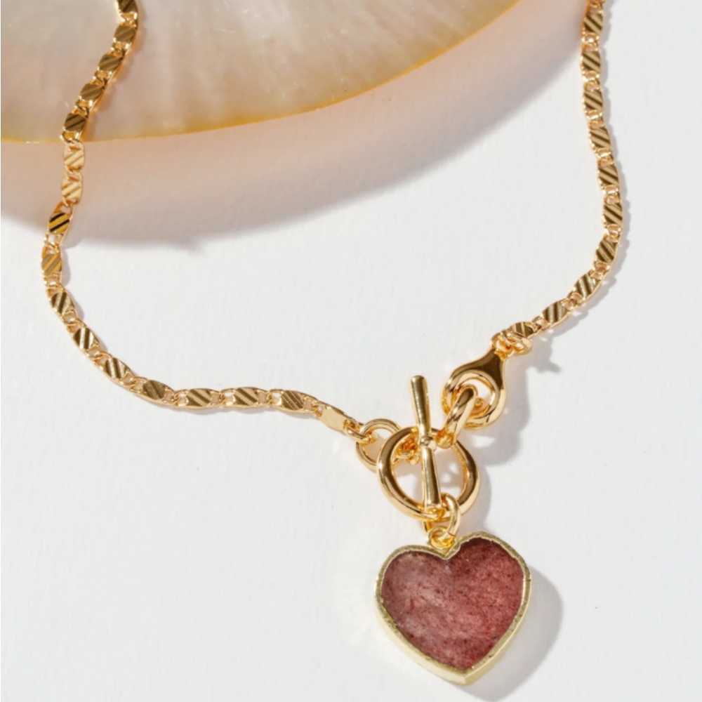 Gold Toggle Love Necklace Strawberry Quartz 18”